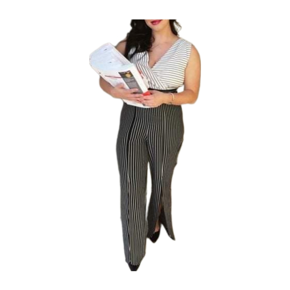EST 1946 Black & White Pin Strip Jumpsuit,  Sz L, EUC